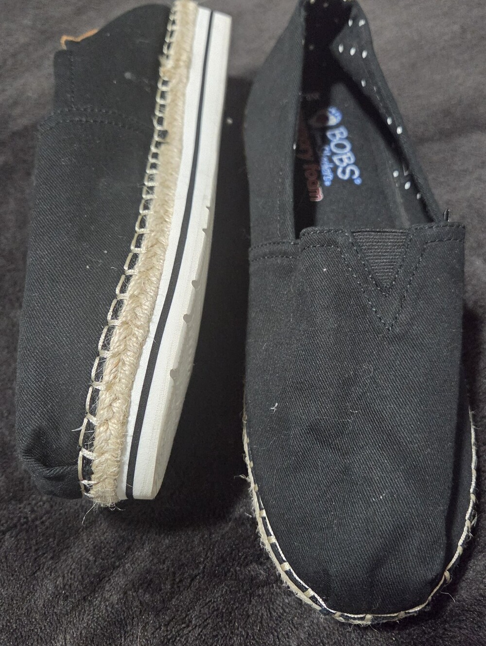 Skechers BOBS Black Slip-On Memory Foam Shoes with White and Red Accents